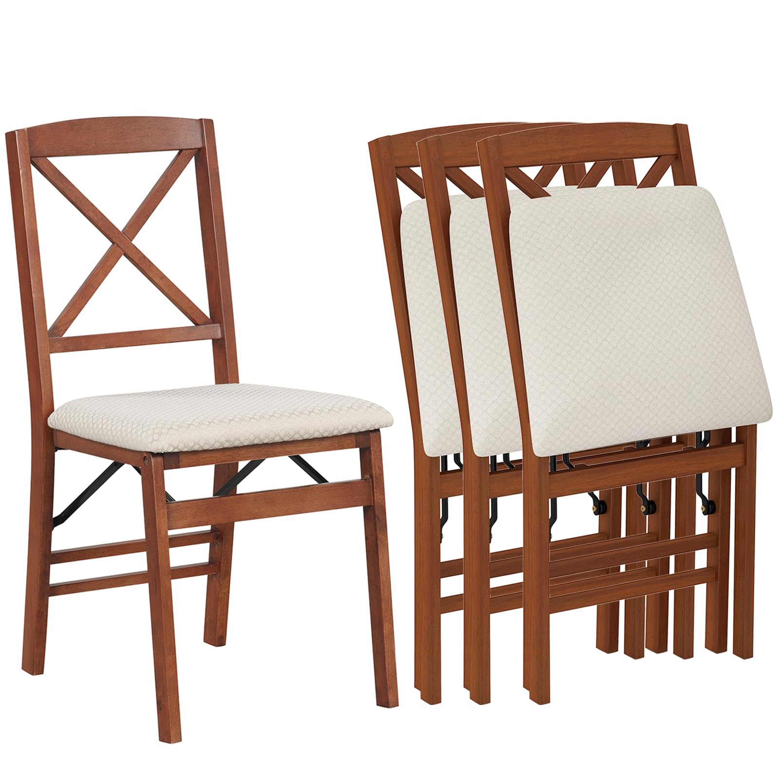COSTWAY Solid Wood Folding Dining Chairs Set of 4 with Padded Seat, Walnut