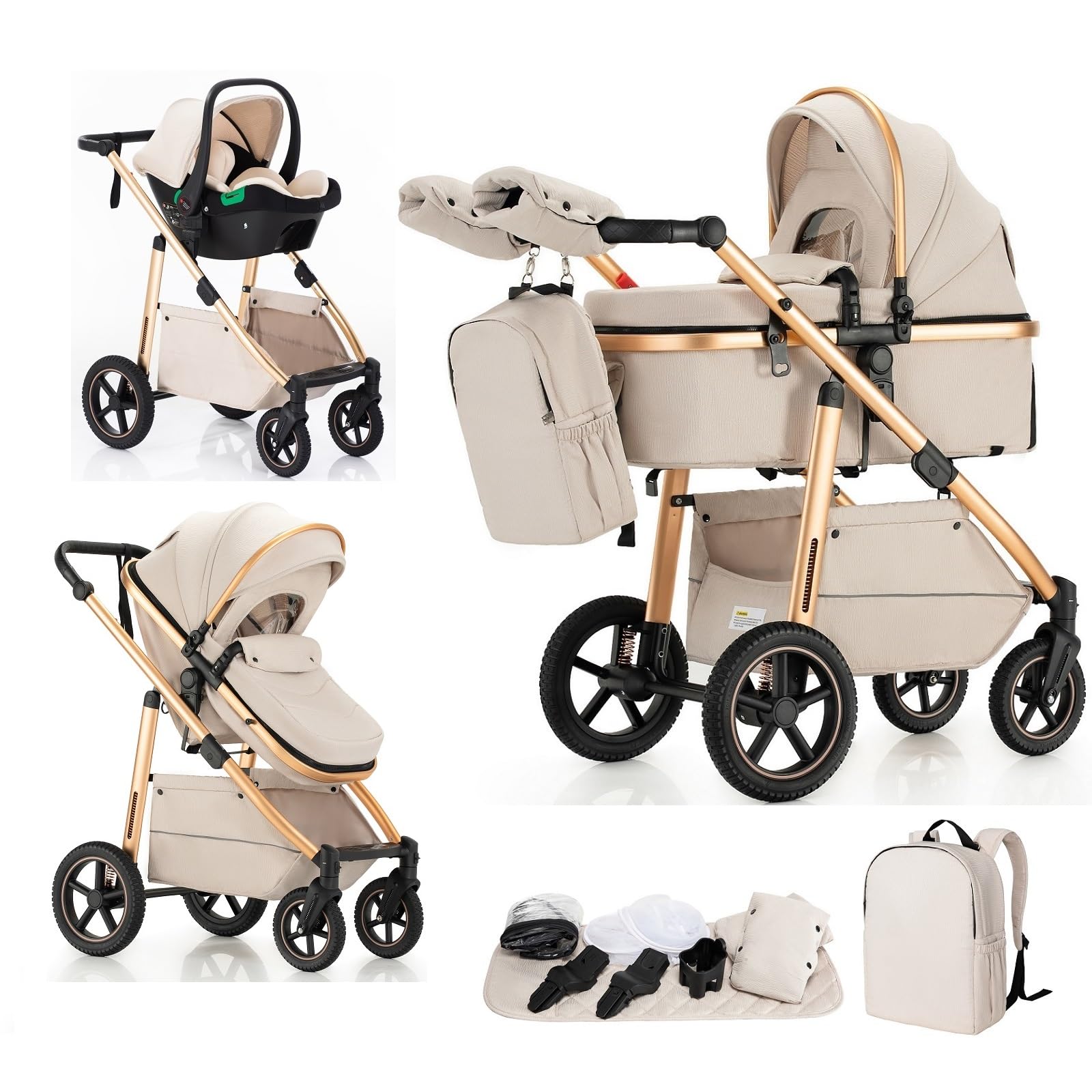 Passeggino 3 in 1,Passeggino Fronte Mamma da Viaggio con Manico Regolabile,Passeggini e Carrozzine Convertibili, Per 22 kg, 0-4 Anni(Beige)