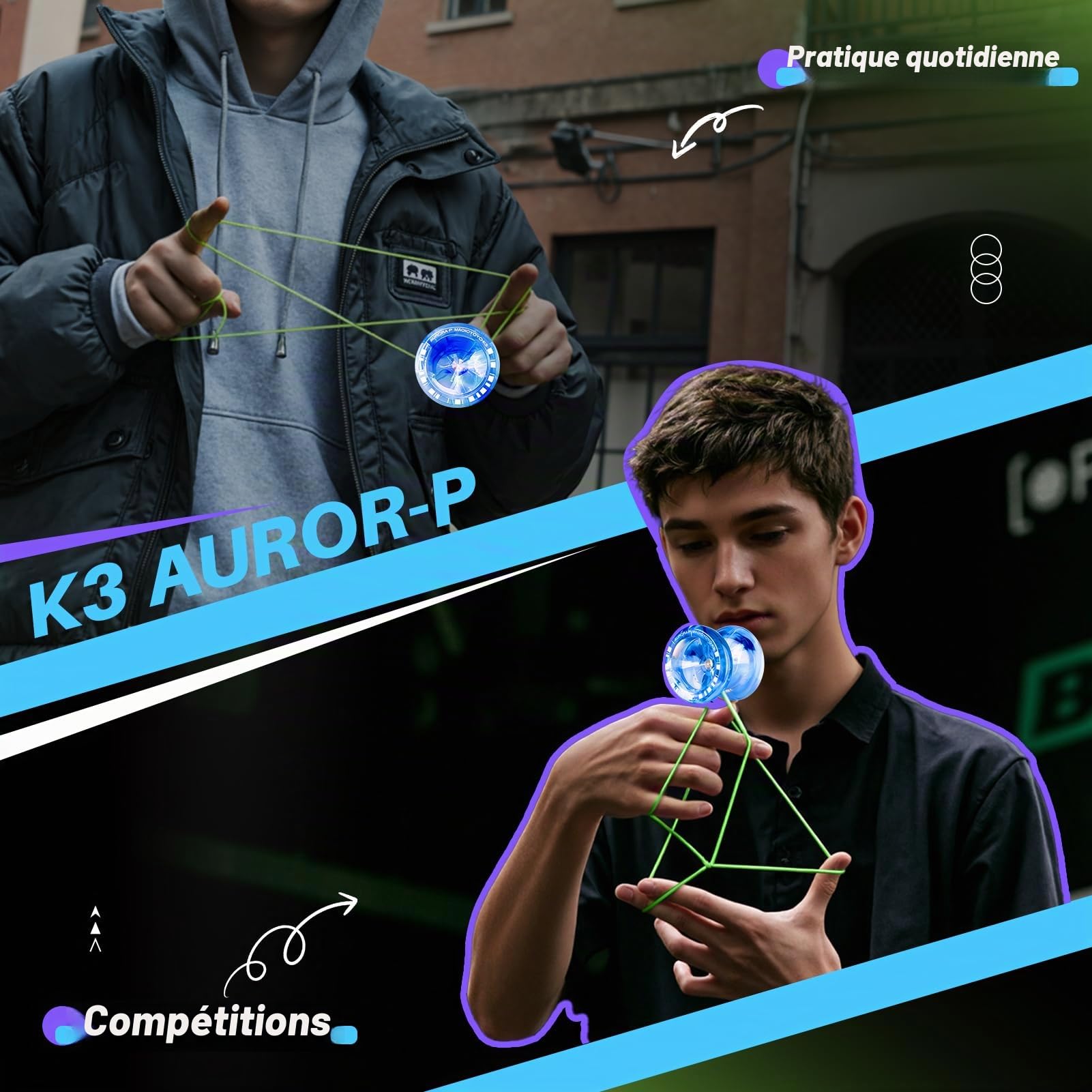 MAGICYOYO JoJo K3 Aurora-p, Yoyo professionnel pour spin, yo-yo réactif et non réactif pour débutants et avancés, avec 12 cordes Yoyo et kit d'accessoires Yo