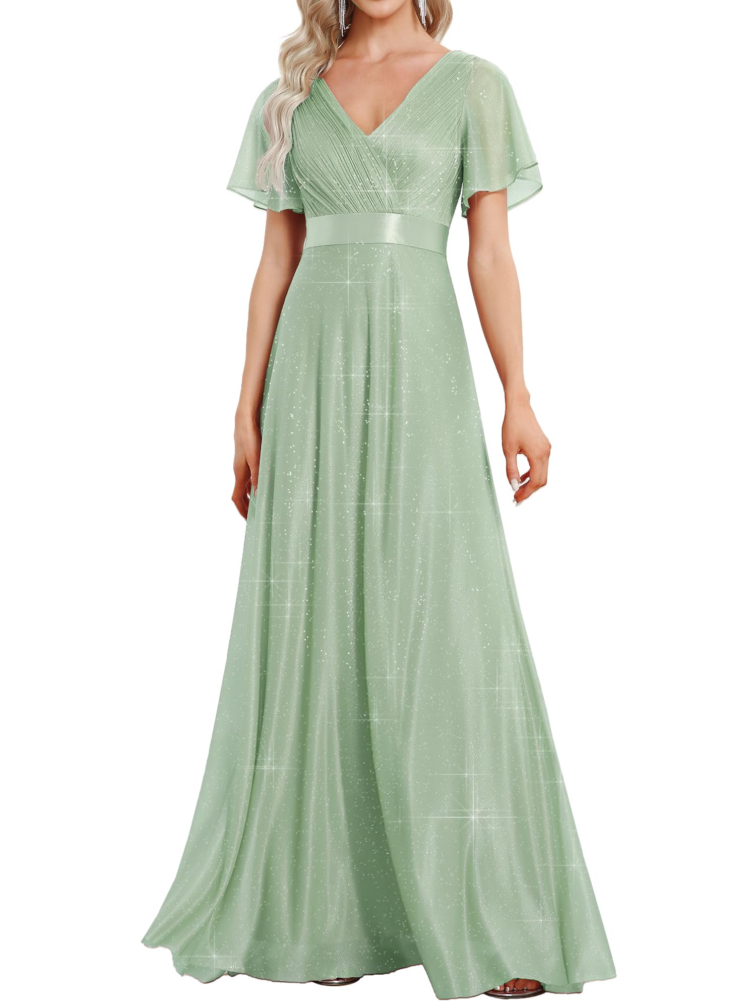 Ever-Pretty Damen Funkelnde Rüschen Ärmel Tiefer V-Ausschnitt Empire Taille A-Linie Brautjungfernkleid EE50159