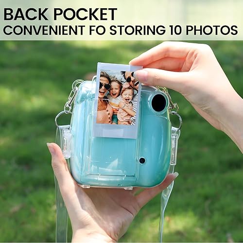 Miniatura 2 de CAIYOULE Funda transparente para cámara Fujifilm Instax Mini 7+ con bolsillo trasero de almacenamiento de fotos, espejo selfie, calcomanías y correa