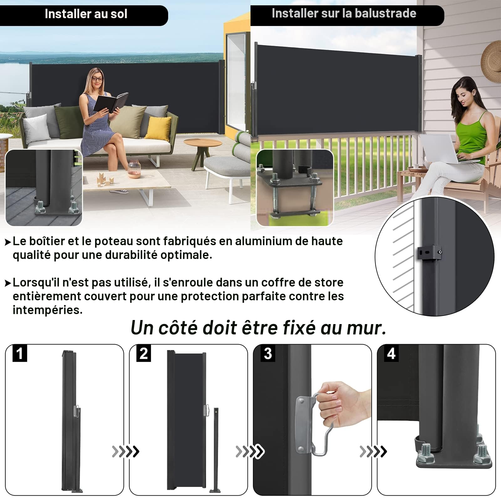LZQ Store latéral extensible - Pare-vue - Protection solaire - Auvent - En polyester - Résistant à l'eau (100 x 300 cm, anthracite)