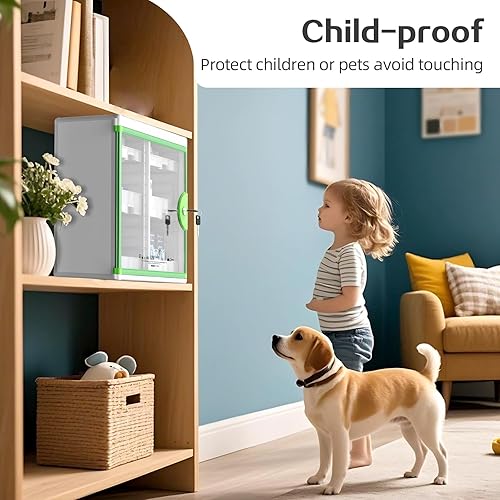 Miniatura 4 de Glosen Botiquín de medicina con bloqueo montado en la pared verde 13.6 x 13.4 x 6.5 pulgadas, contenedor de almacenamiento portátil de gran capacidad