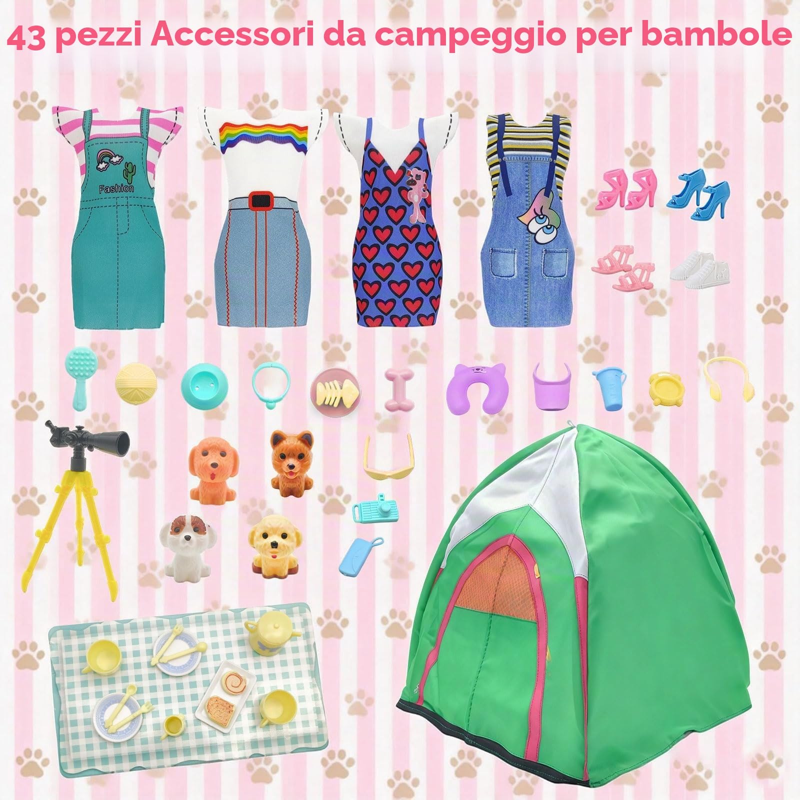 Set di 43 tende da campeggio da viaggio compatibili con Barbie, accessori per bambole da 29,9 cm con 1 tenda per bambola, 4 abiti, 4 scarpe, 4 mini cucciolo, 7 animali domestici, 1 binocolo, 14