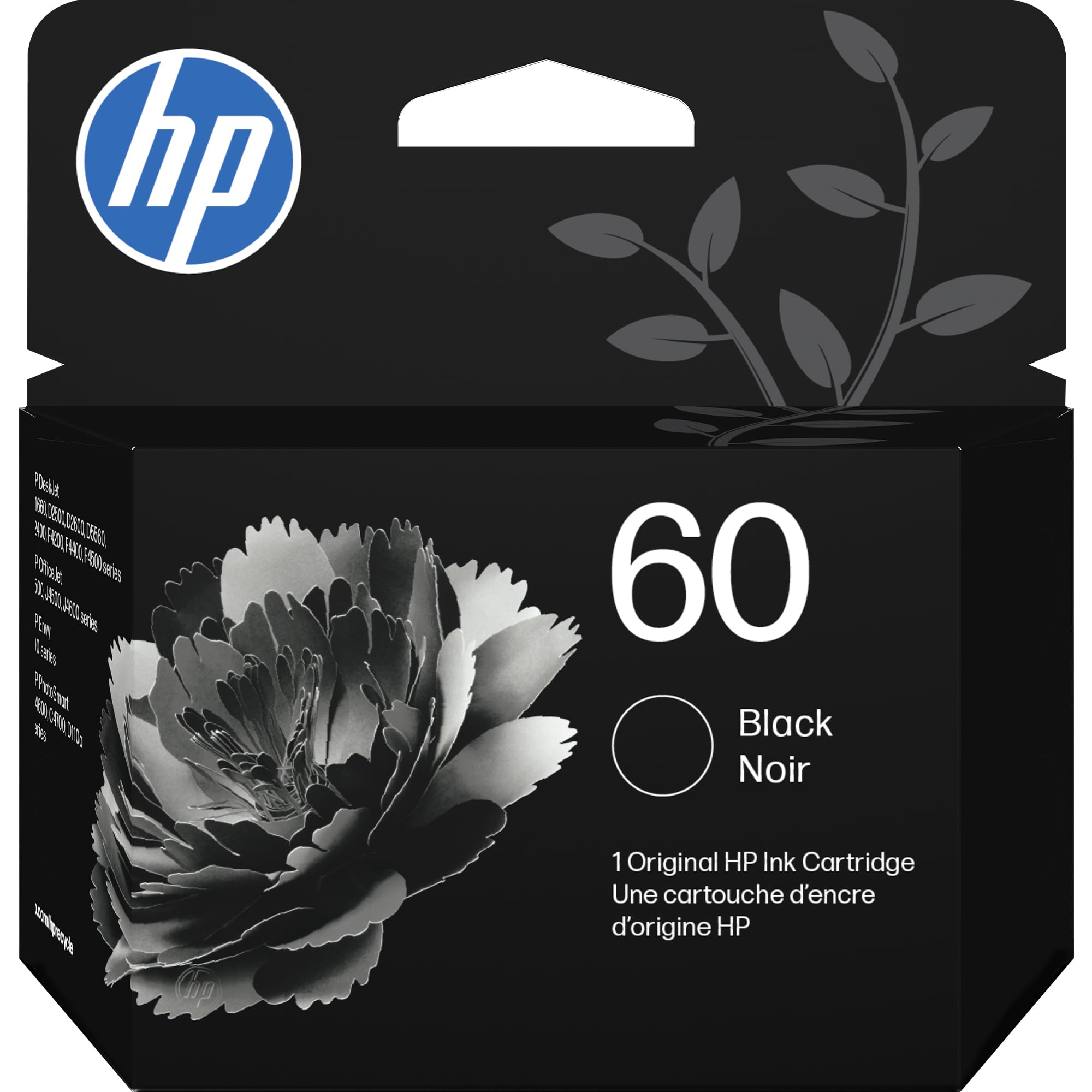HP 60 Black Ink Cartridge | Works with Series: DeskJet D1660, D2500, D2600, D5560, F2400, F4200, F4400, F4580; Envy 100; OfficeJet J4500, J4680, 4500; PhotoSmart C4600, C4700, D110a | CC640WN