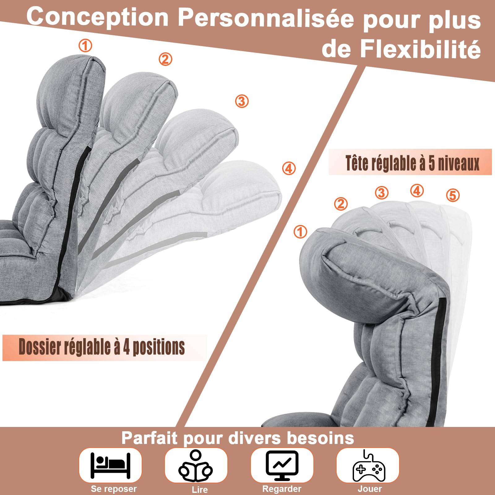 RELAX4LIFE Fauteuil Bas Multiposition Réglable Dossier 4 Positions Charge 140kg, Chauffeuse Convertible en Lin Appui-tête en 5 Positions Fauteuil Paresseux 1 Place Adulte Enfant (Lin, Gris)