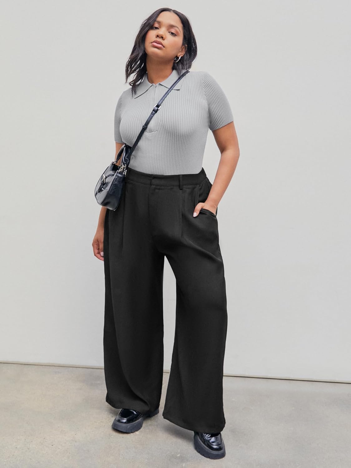 CIDER Mid Waist Pleated Pocket Wide Leg Pants Curve & Plus - Image 3