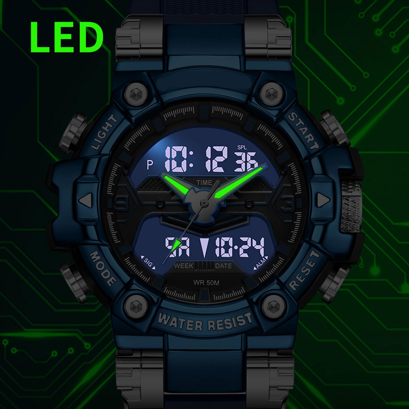 findtime Orologio da polso digitale da uomo, analogico, doppio display, nero, resistente agli urti, sportivo, con cronometro, illuminazione LED, allarme, data