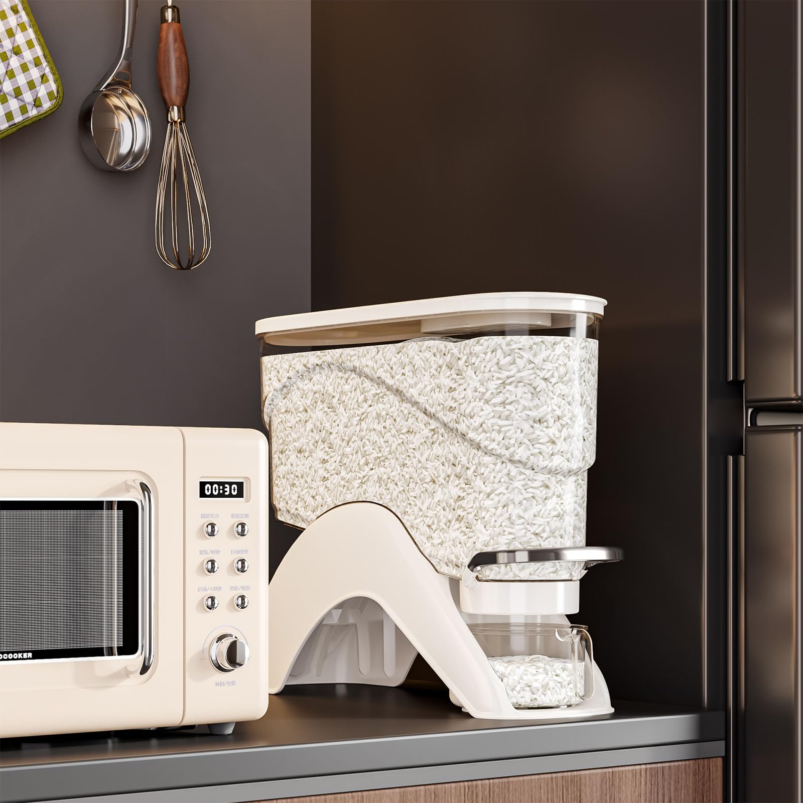 Organizzatore da cucina rialzato per alimenti secchi, contenitore per riso in ABS trasparente con tazza uscita per pressa e supporto sottile Dispenser per alimenti secchi per la casa Portariso da