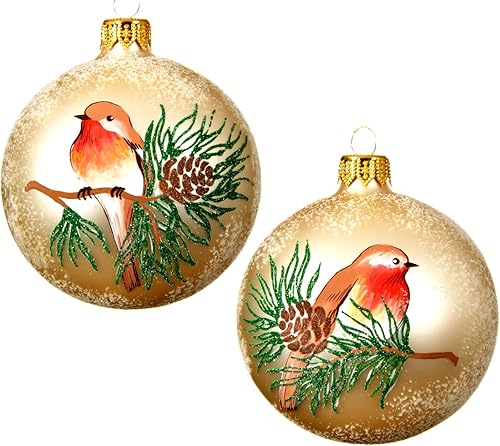 Miniatura 1 de Adornos de vidrio soplado con boca de pájaro de pinzón juego de 2 bolas de vidrio con ramas de pino