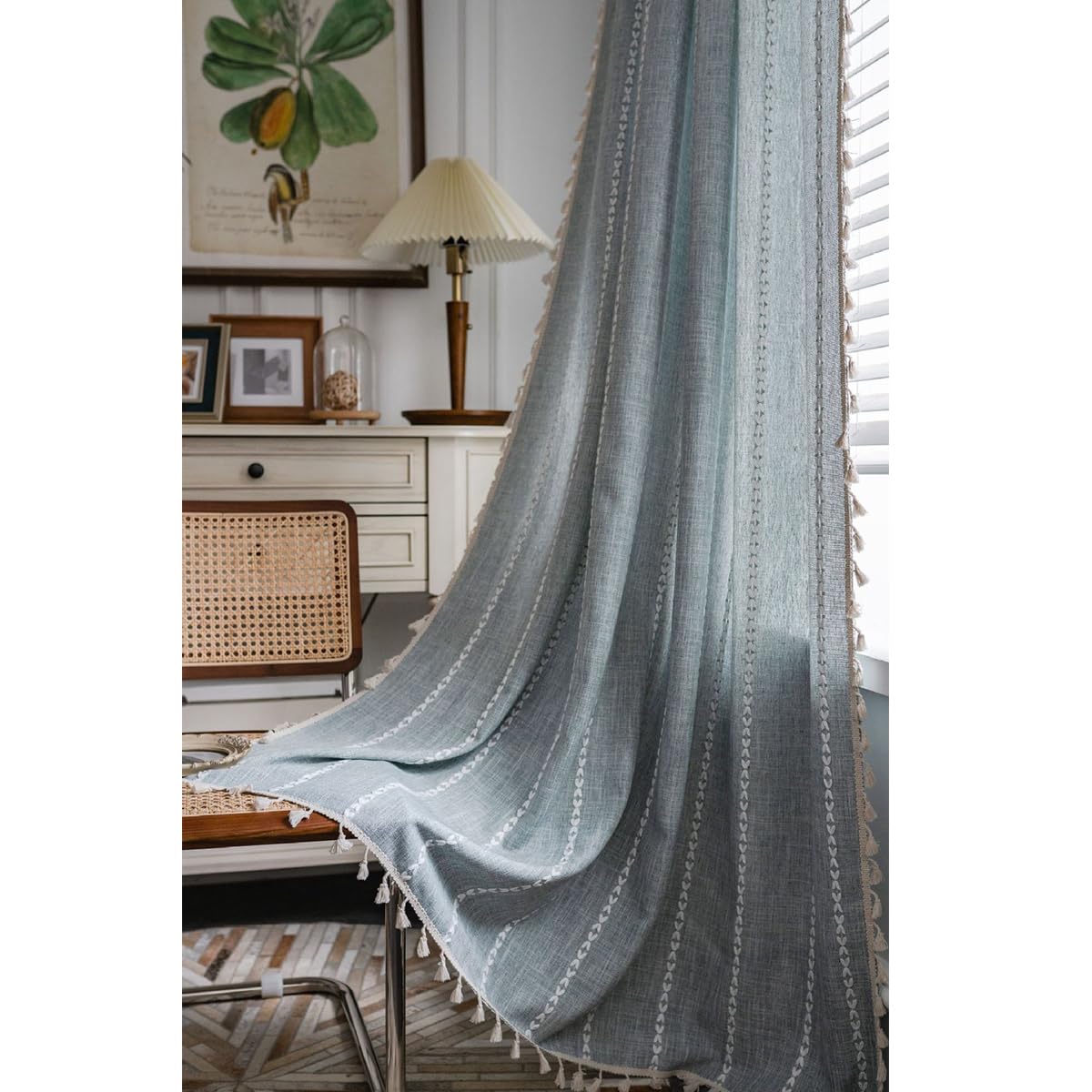 Vorhang Boho Gardinen Grau Vintage Leinenoptik Landhaus Modern Streifen Gestreift Halbtransparent Vorhänge mit Quaste Stangendurchzug für Fenster 1 Stück B132×H244cm
