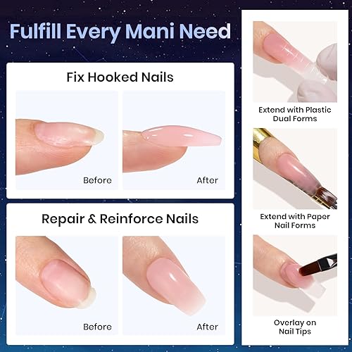 Miniatura 20 de Beetles - Kit de gel de extensión de uñas de polietileno con luz UV: juego de 6 colores de gel constructor rosa con purpurina blanca con capa base