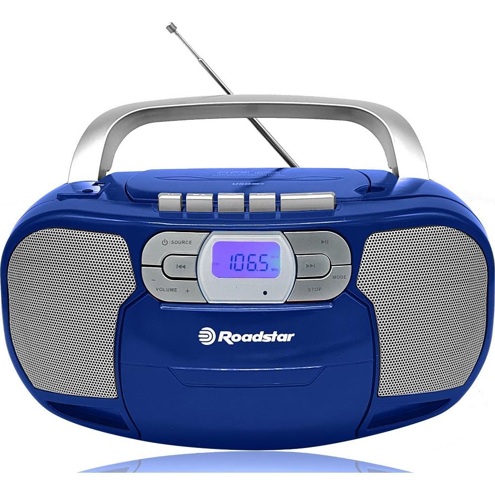 Roadstar RCR-4635UMP/BL Radio CD Portatile Cassette, Radio Digitale PLL FM, Boombox Lettore CD-MP3, USB, AUX-IN, Uscita cuffie, Blu