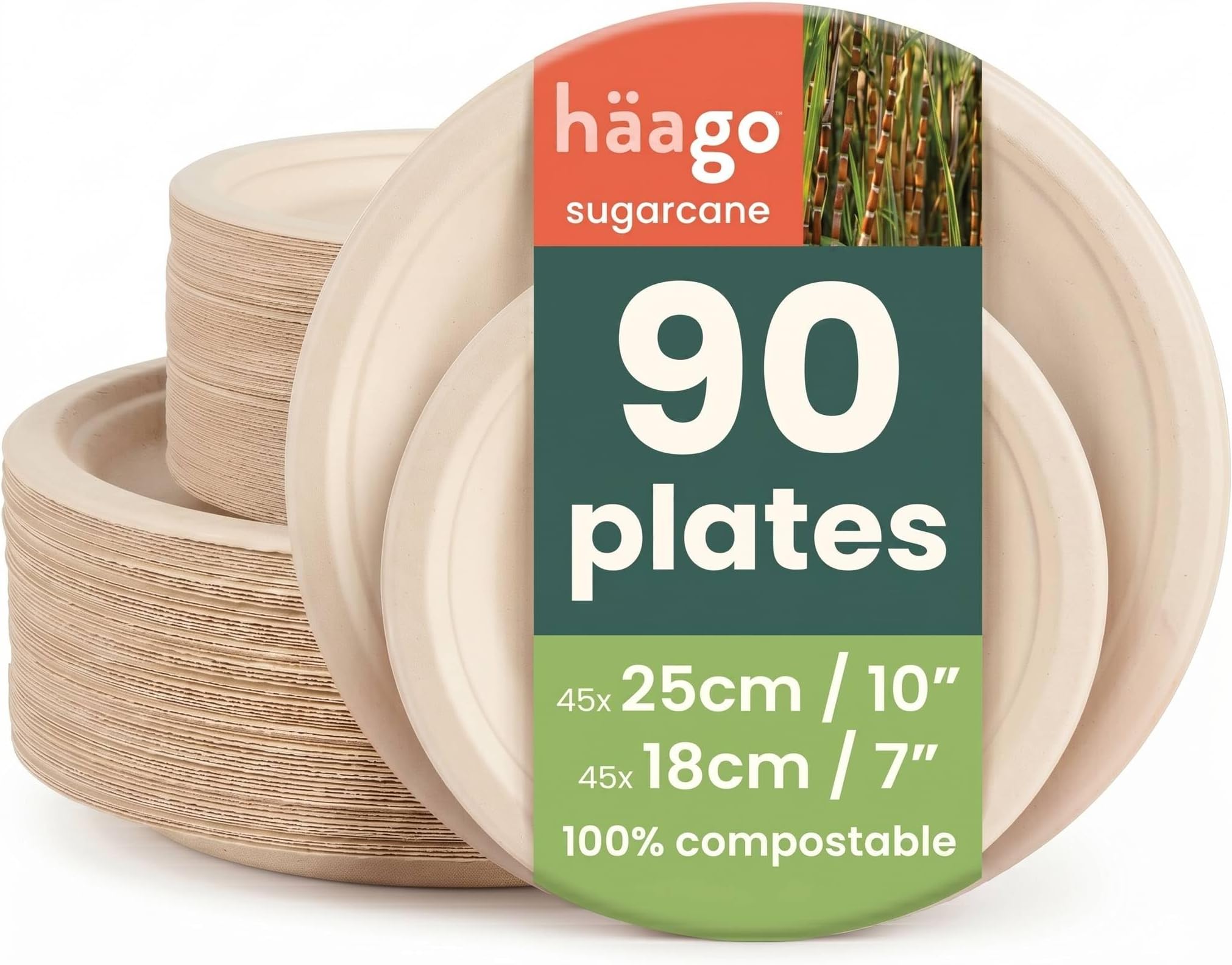 HAAGO 90 Strong Compostable Sugarcane Plates, 45 x 25 cm Dinner & 45 x 18 cm Side Plate – Heavy Duty, Greaseproof & Leakproof, Biodegradable, Disposable Eco Plates for Parties, BBQ, Picnic