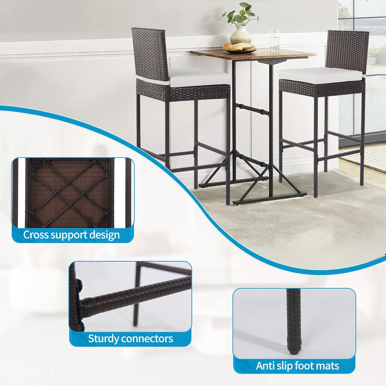 Dkelincs 30 Inch Outdoor Bar Stools Set of 2 All-Weather Patio Furniture Counter High Chairs with Backs Footrest Armrest & Thick Cushion,Black