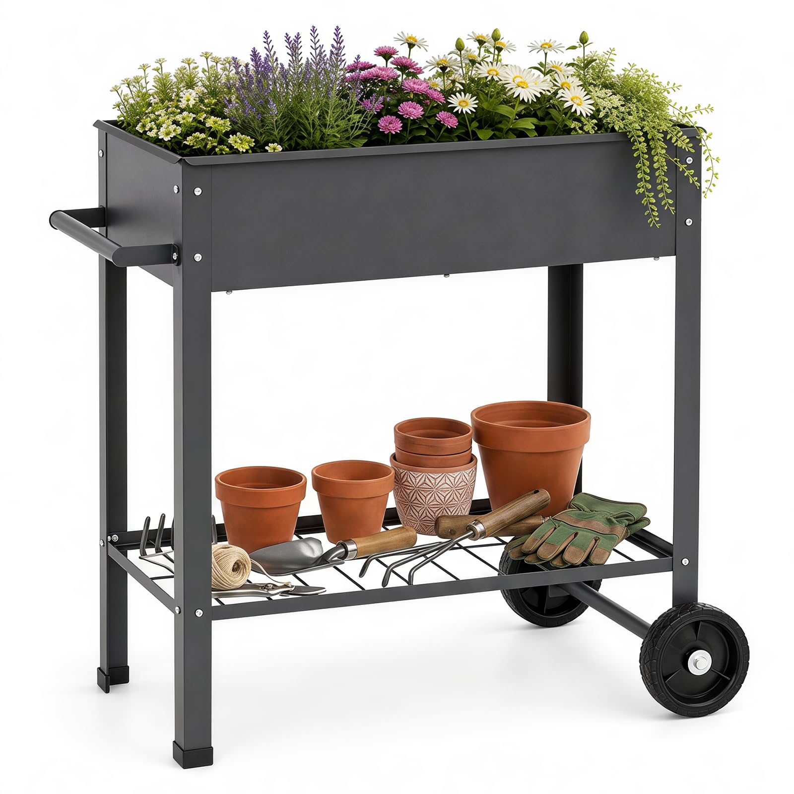COSTWAY Orto Rialzato da Giardino 2 Ruote, Ripiano e Maniglia (Grigio) | Fioriera Rialzata in Metallo, Aiuola Elevata da Esterno per Ortaggi, Erbe e Fiori, da Cortile e Balcone, 88 x 37 x 80,5 cm