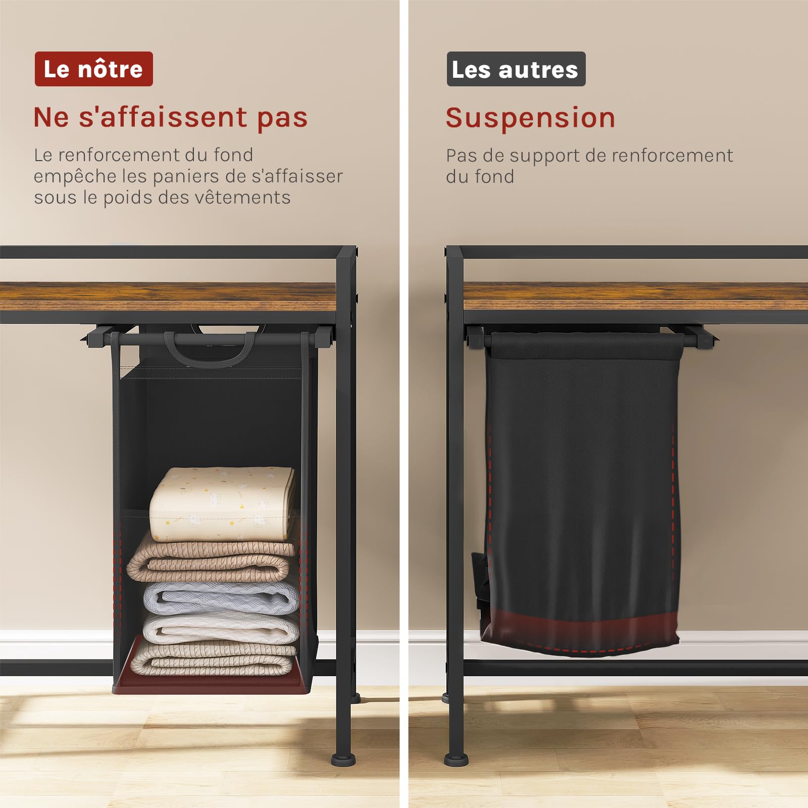 WOLTU Panier à Linge 2 Compartiments, 40L/Panier, avec Étagère, Sac à Linge en Tissu Oxford Amovible, Cadre en Métal, Marron Rustique+Noir