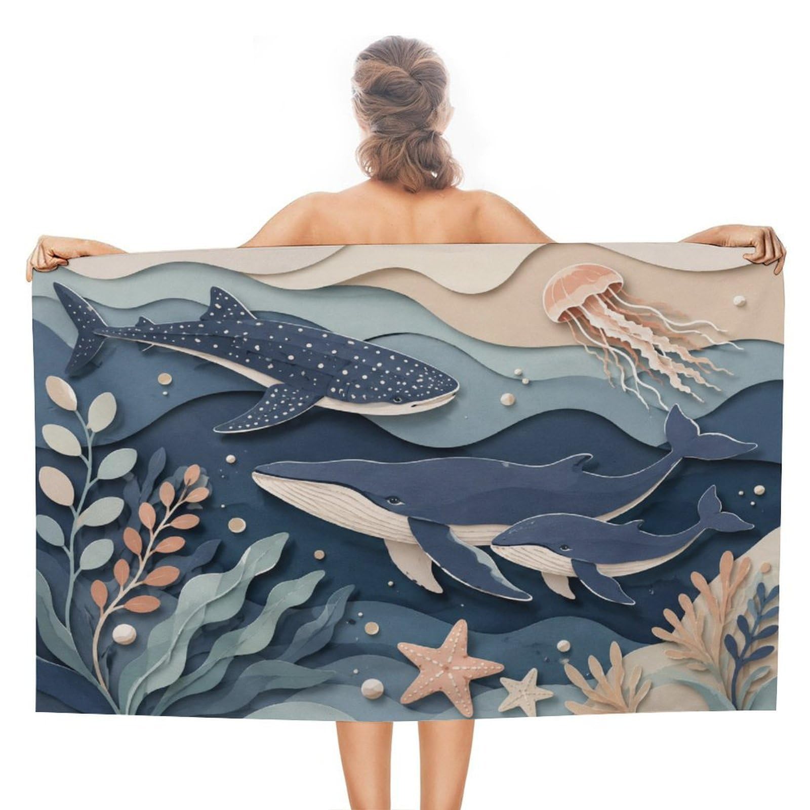 Anceky Whale Shark and Jellyfish Ocean Scene Oversized Beach Towel Quick Dry Sand Free Microfiber Travel Towel Lightweight Multi Purpose Beach Blanket Pool Gym Bath Towel 51x31 in