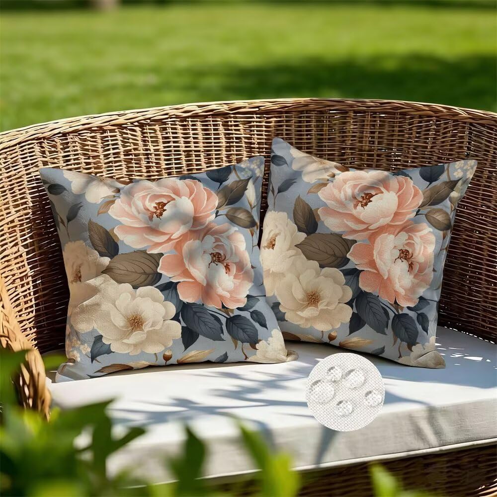 Outdoor Cushions Waterproof Flowers Cushion Covers 35cm x 35cm Set of 2 Spring Garden Cushions Botanical Cushion Cover Decorative Pillows Linen Throw Pillow Case for Couch Sofa Patio Garden (IU183)