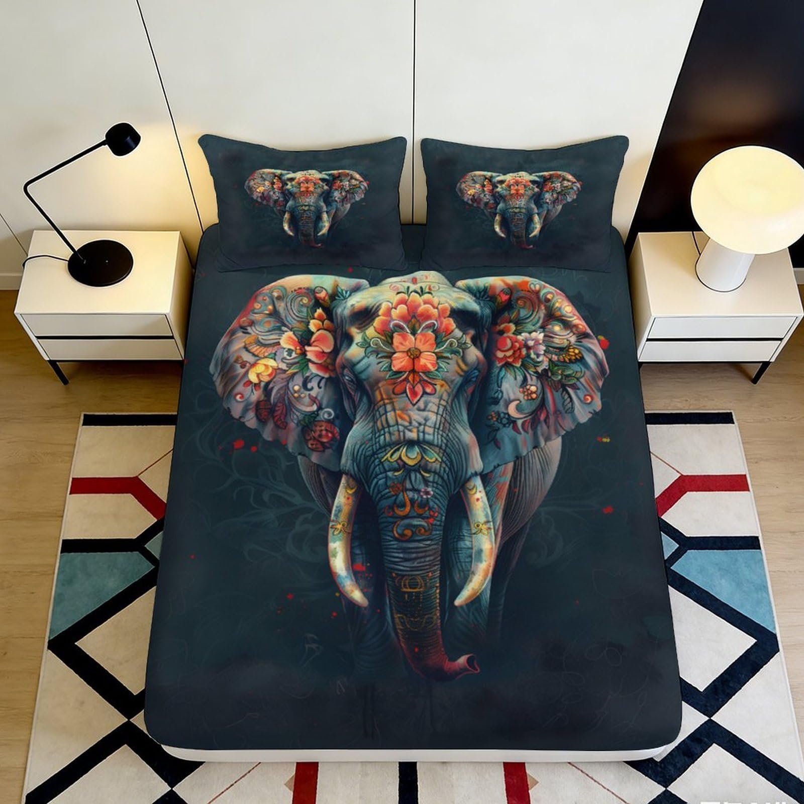 Pnayamiorkfel Style-9 3D Printed Floral Elephant Fitted Sheet Microfiber Soft Breathable Artistic Animal Bed Cover For Bedroom Guest Room 90X200x25cm