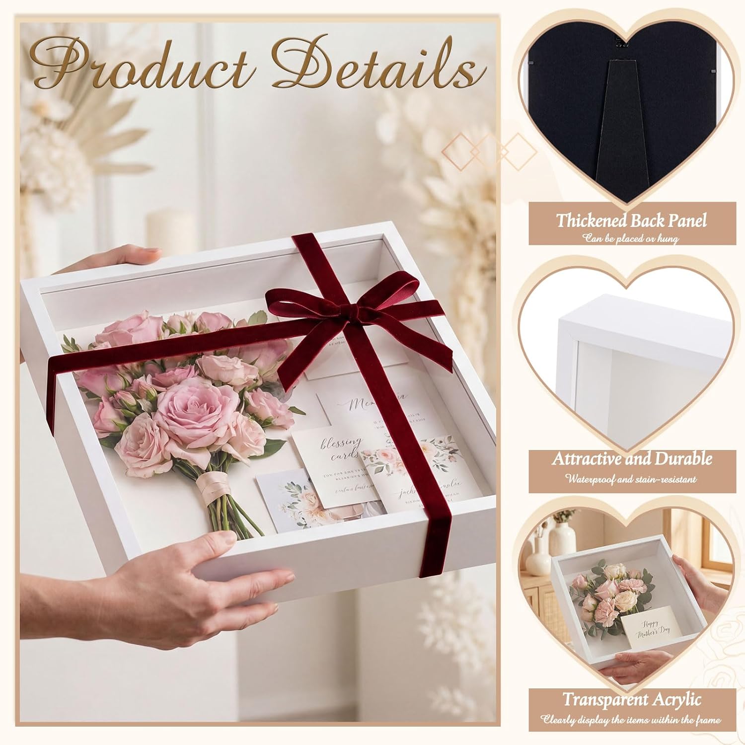 12"x12" Wedding Shadow Box Frame Flower Display Case Kit, DIY White Picture Gift Box with Lid Deep Glass Case Red Velvet Ribbon for Gift Wrapping Craft Bouquet Flower Keepsake Memory Photo