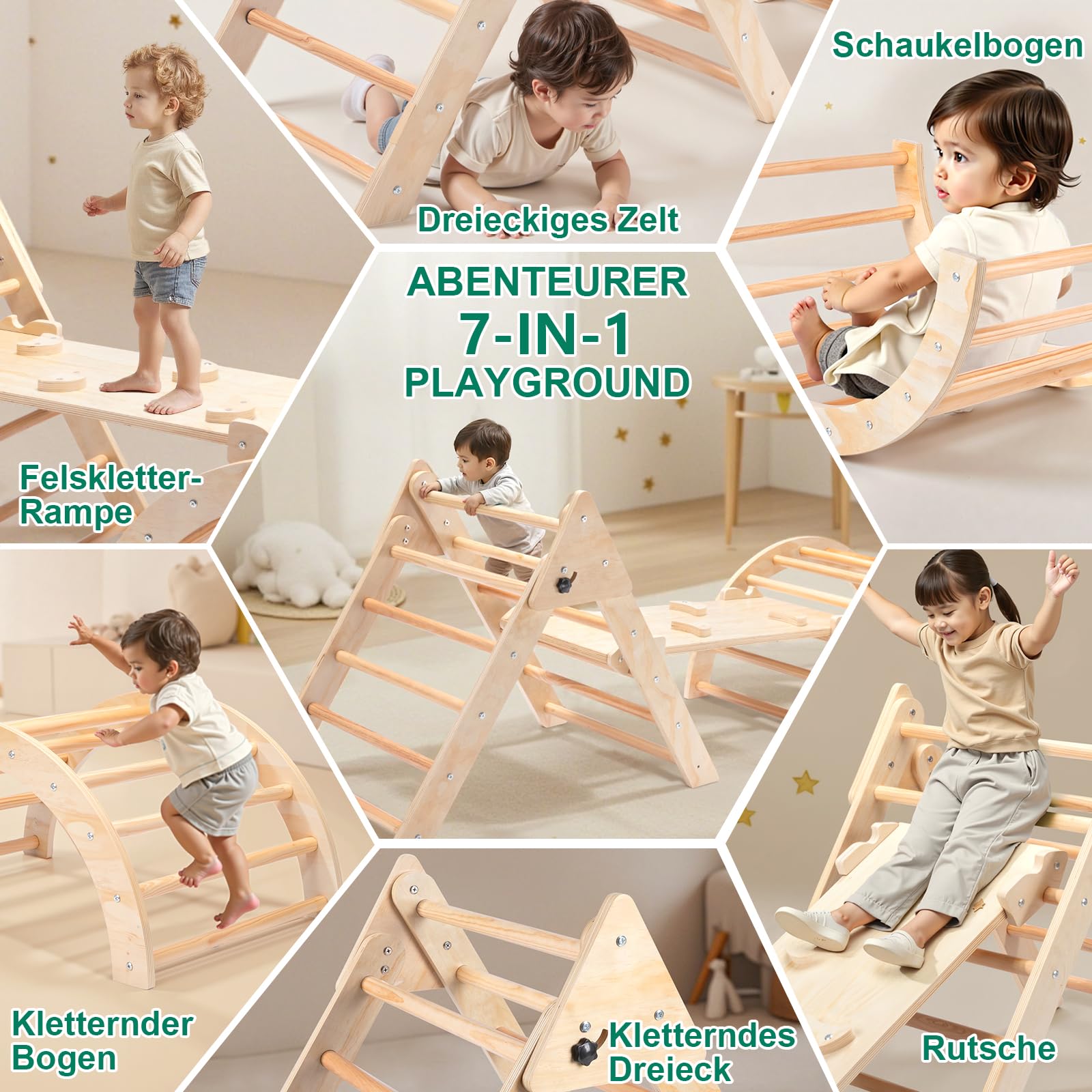 RUIE Klettergerüst Indoor 7-in-1 Kletterdreieck mit Rutsche, Hölzernes Kletterdreieck Set für kletterbogen ab 1 Jahr, Montessori klettergerüst, Kletterturm, Kinder Indoor Spielplatz