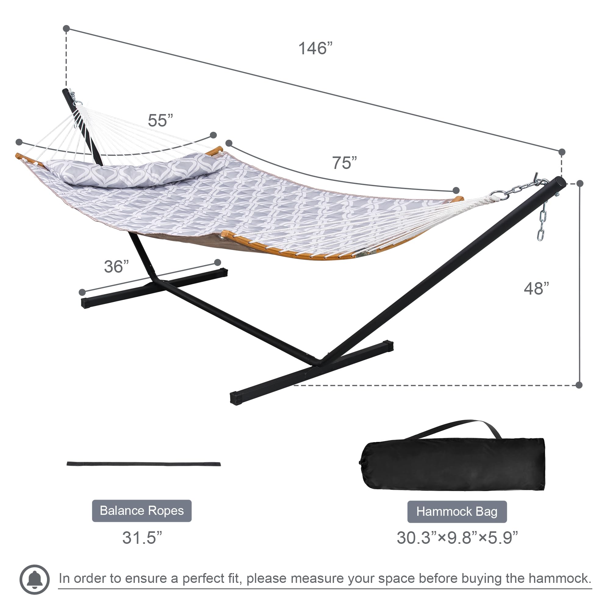 Hamacas de pie libre, de 12 pies, resistente 450 libras, hamaca doble persona con barra curva, hamacas solo para exteriores con almohada y bolsa portátil, ondulaciones grises