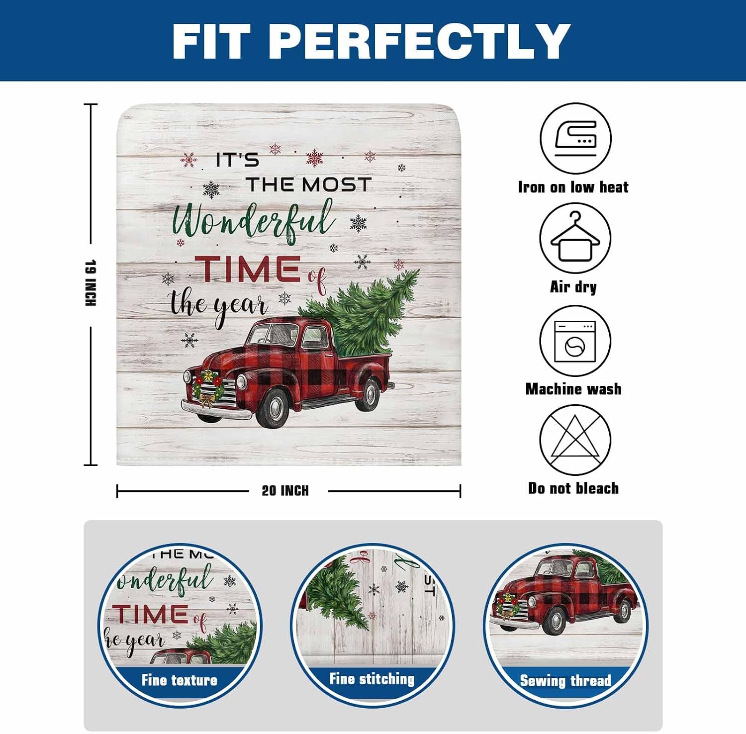 Chair Back Covers for Dining Room, Merry Christmas Linen Polyester Back Chairs Protector, Truck Xmas Tree Farmhouse Buffalo Plaid 4 Pcs Chair Covers for Dining Chairs Decor, 20 x 19 Inches