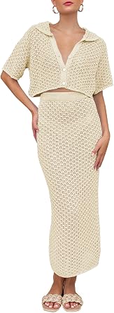 Saodimallsu Women Crochet Beach Cover Up Set Knit Crop Button Short Sleeve Collar Top Bodycon Long Skirt 2 Piece Outfits