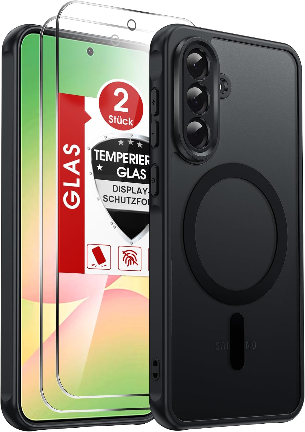 LeYi Etui do Samsung Galaxy A56/A 56 5G Kompatybilne z MagSafe, z 2 × Szkło Hartowane, Półprzezroczyste Matowe Etui Wojskowe Odporne na wstrząsy, Czarne