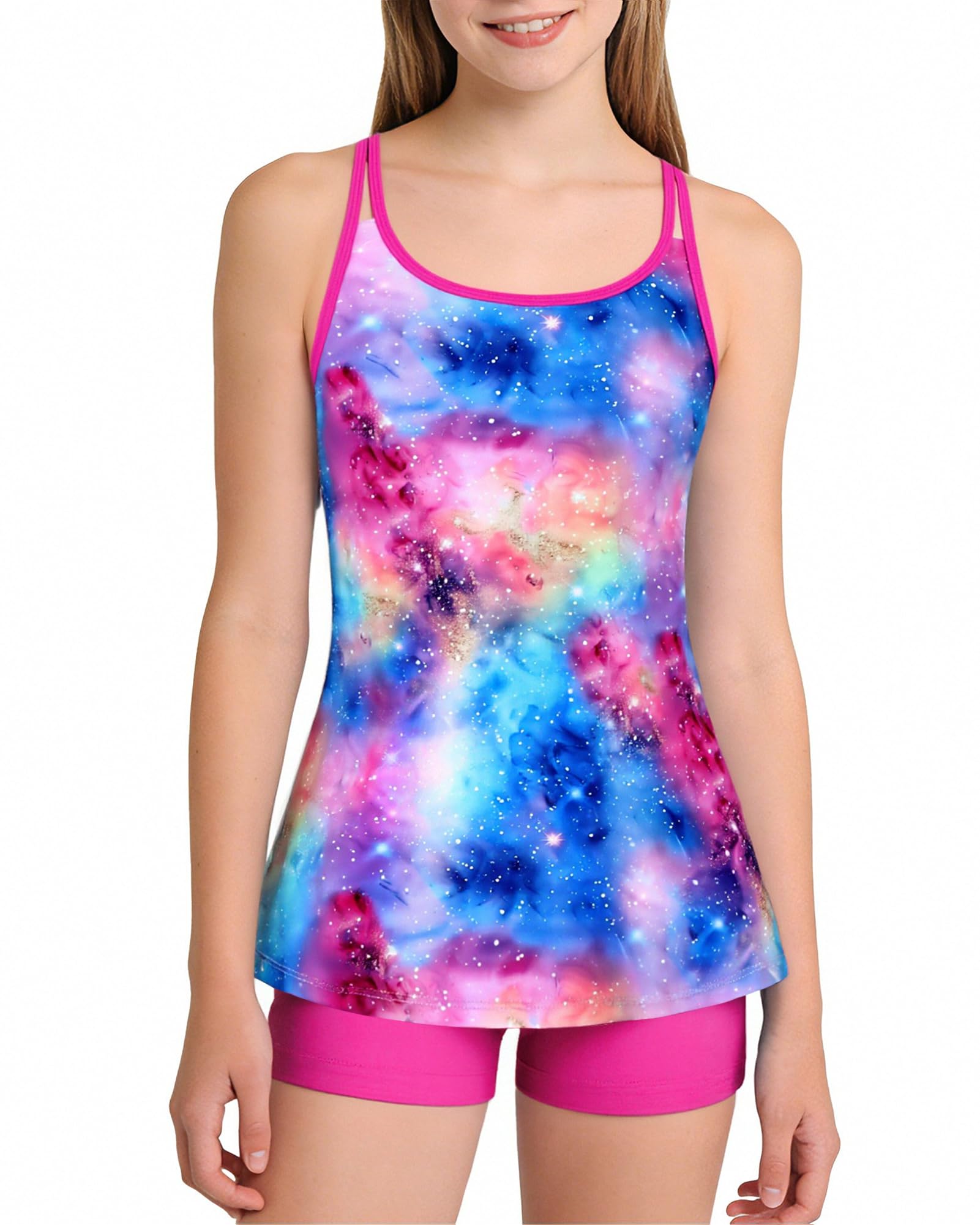 Amissz 2-Teilig Badeanzug Mädchen mit Gepolstertem BH 7–16 Jahre, Mädchen Badeanzug Tankini-Set Schnell Trocknend, Tankini Badeanzug Fließendes Tanktop mit Shorts Badeanzug für Teenager
