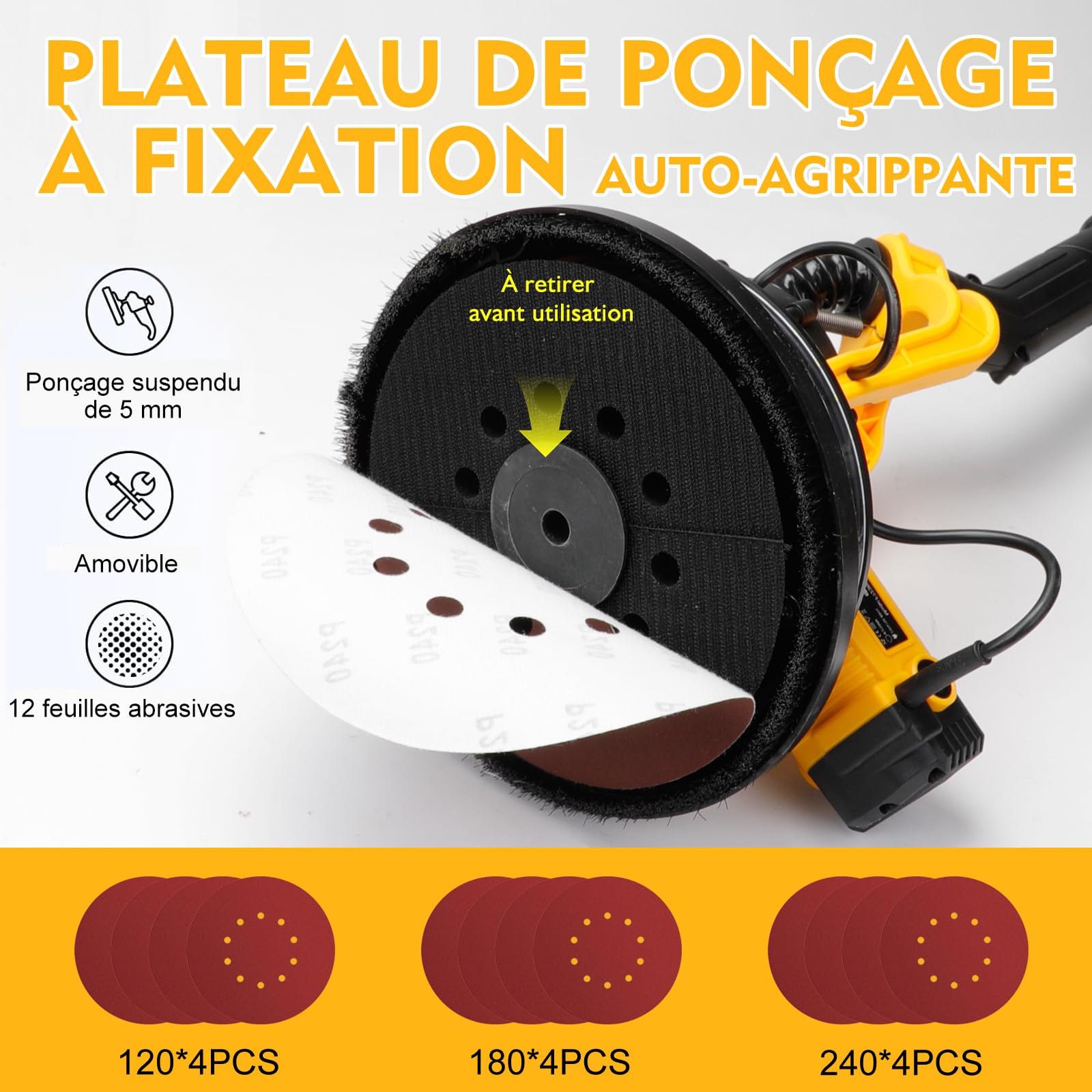 Ponceuse Girafe avec Système d'aspiration Automatique (880w), 5 vitesses,1000-2100rpm, Ponceuse Murale Électrique Pliable, avec lumière LED, Poignée Pliable et Sac d'aspiration