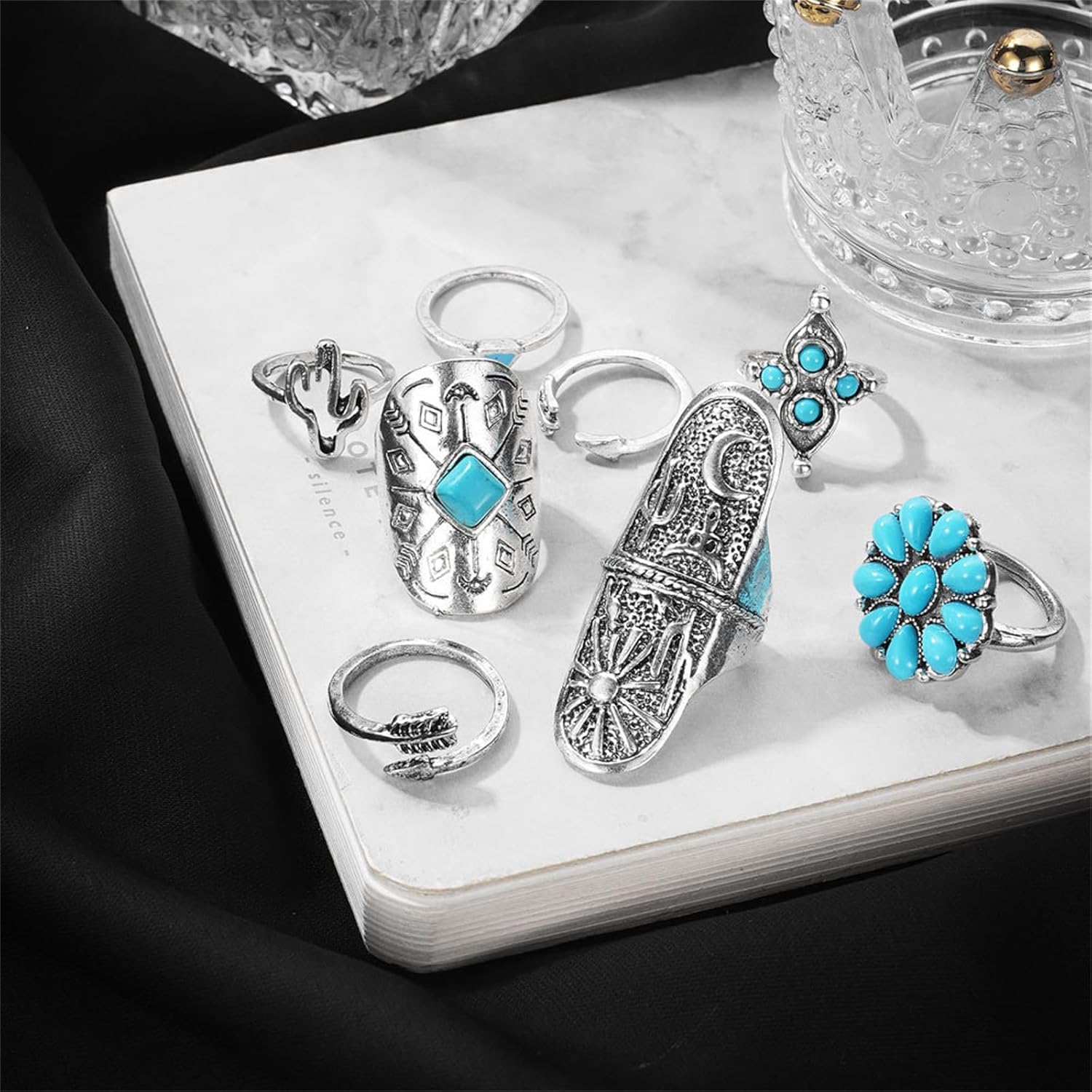 Bohemian Turquoise Ring Set for Women,Vintage Western Rings Chunky Turquoise Opal Stackable Knuckle Ring Set Punk Midi Finger Ring Pack Boho - Image 5