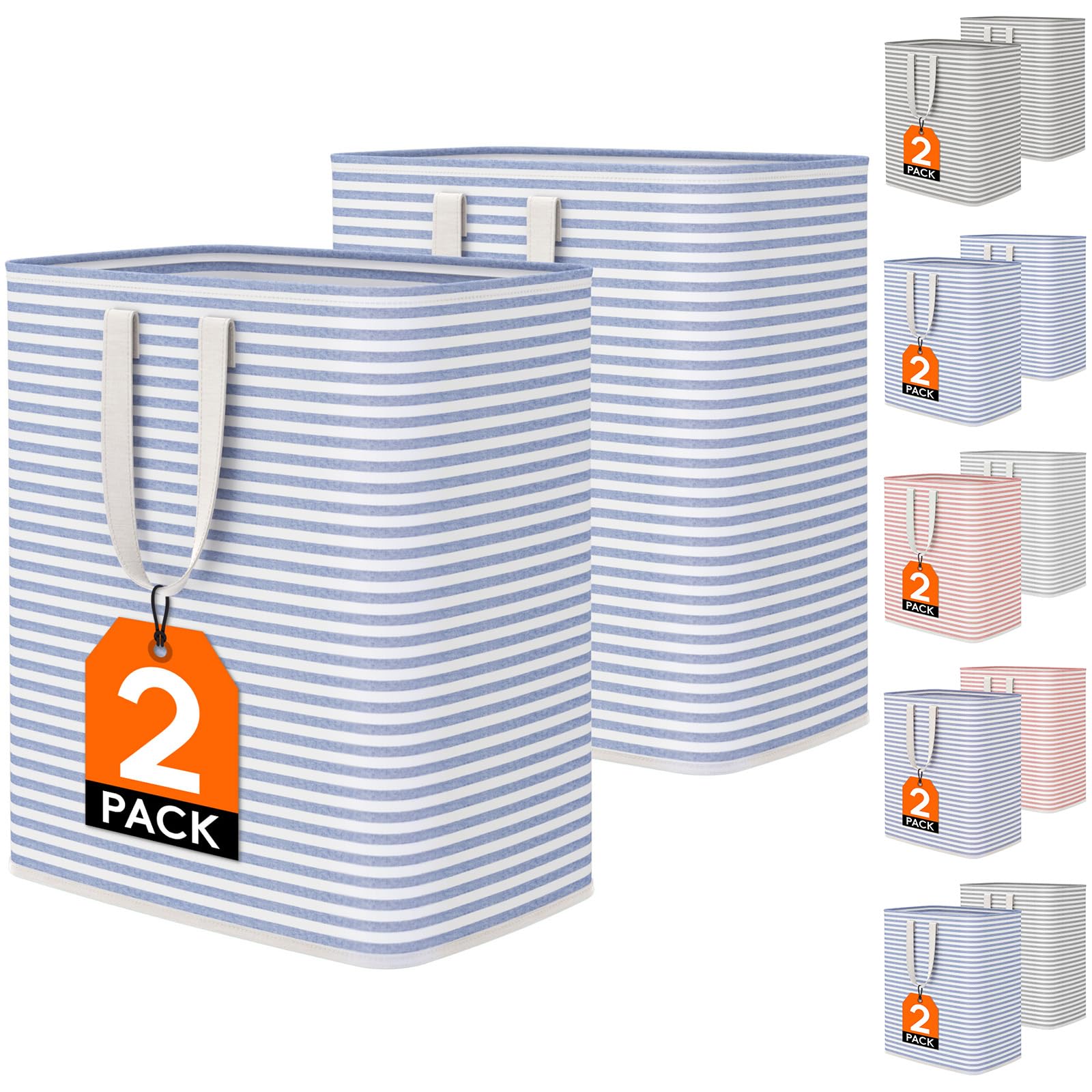 100L Freestanding Laundry Hamper, Collapsible Waterproof Large Laundry Basket with Easy Carry Extended Handles for Clothes, Towels, Toys, Blue, 2 Packs