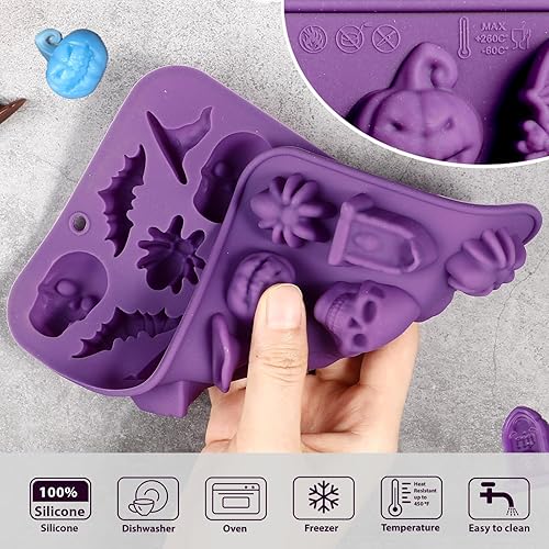 Miniatura 5 de Webake Moldes de silicona 3D para dulces de Halloween con 18 cavidades con forma de calavera, calabaza, sombrero de bruja, murciélago y araña,