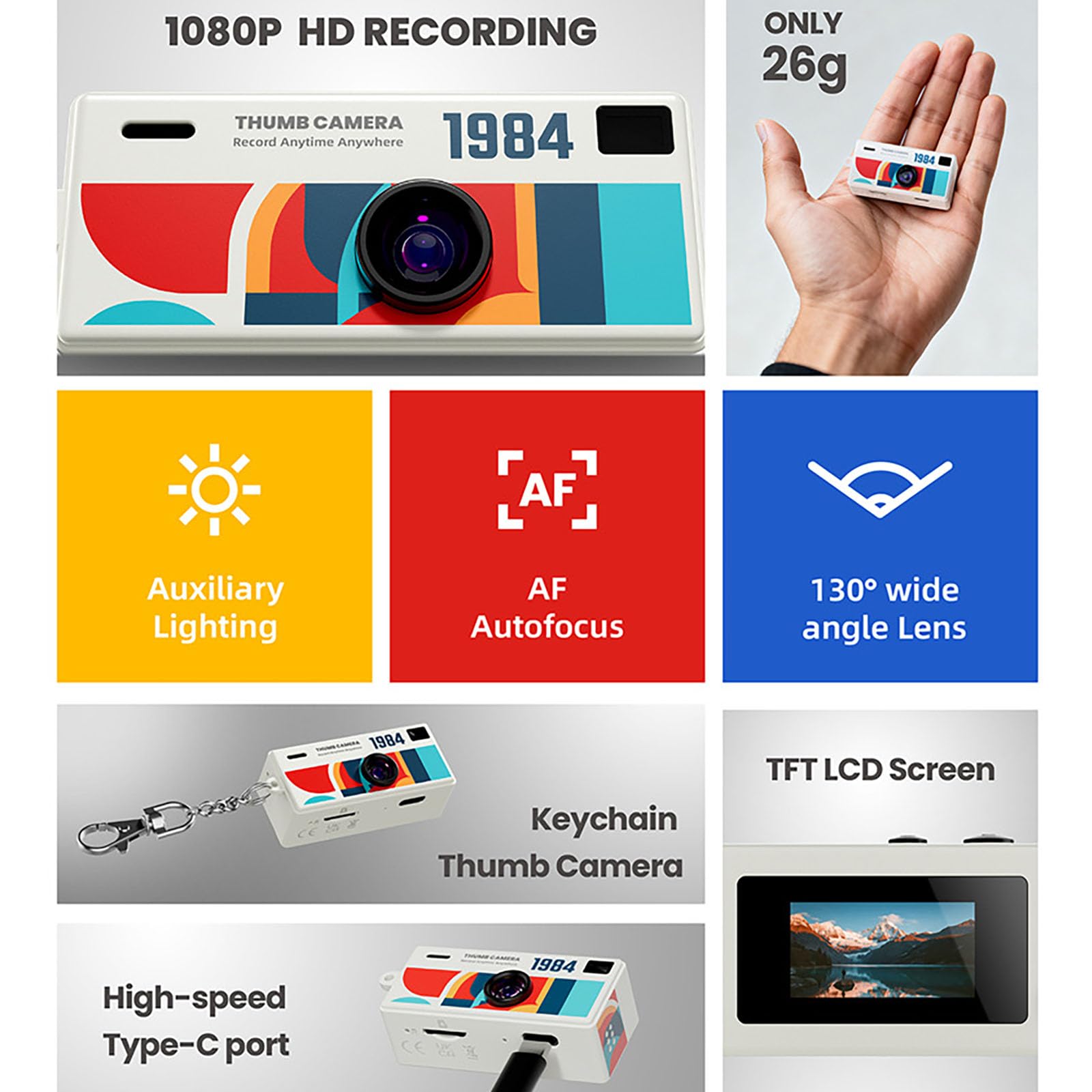 Mini Fotocamera Vintage, Fotocamera per Pollice Video Portatile Compatta Foto e Audio, con 32 GB, per Viaggi, Vlogging e Intrattenimento (Giallo)