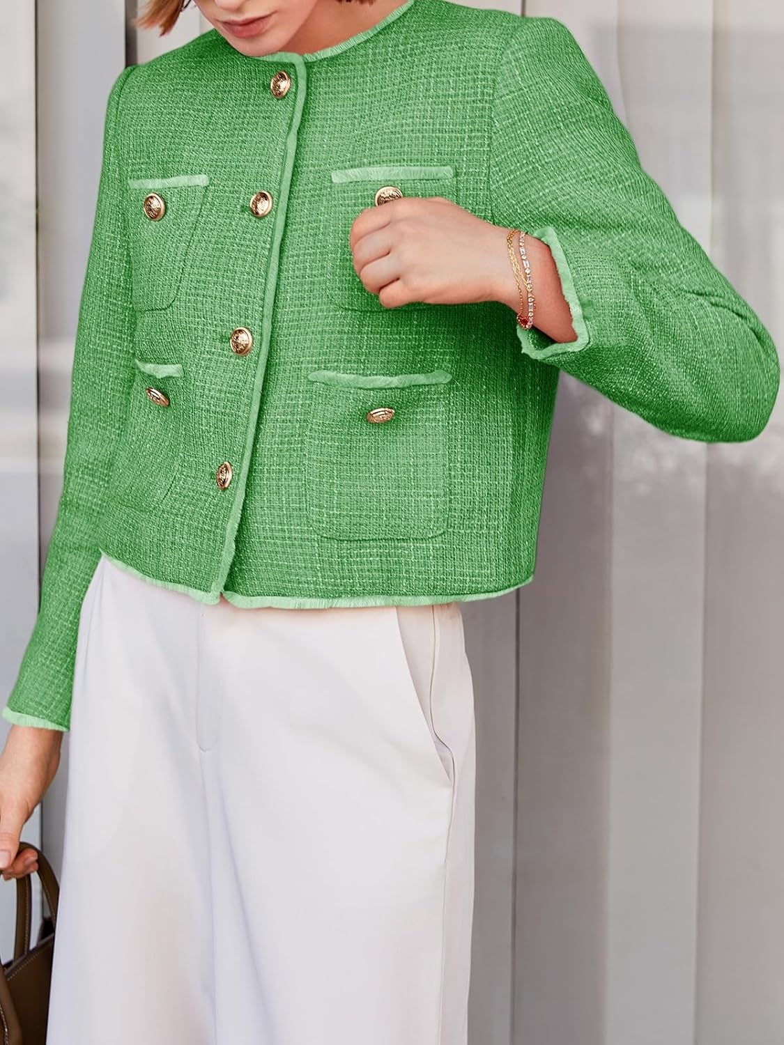 Cicy Bell Tweed Blazers for Women 2025 Collarless Button Down Womens Cropped Jackets - Image 5