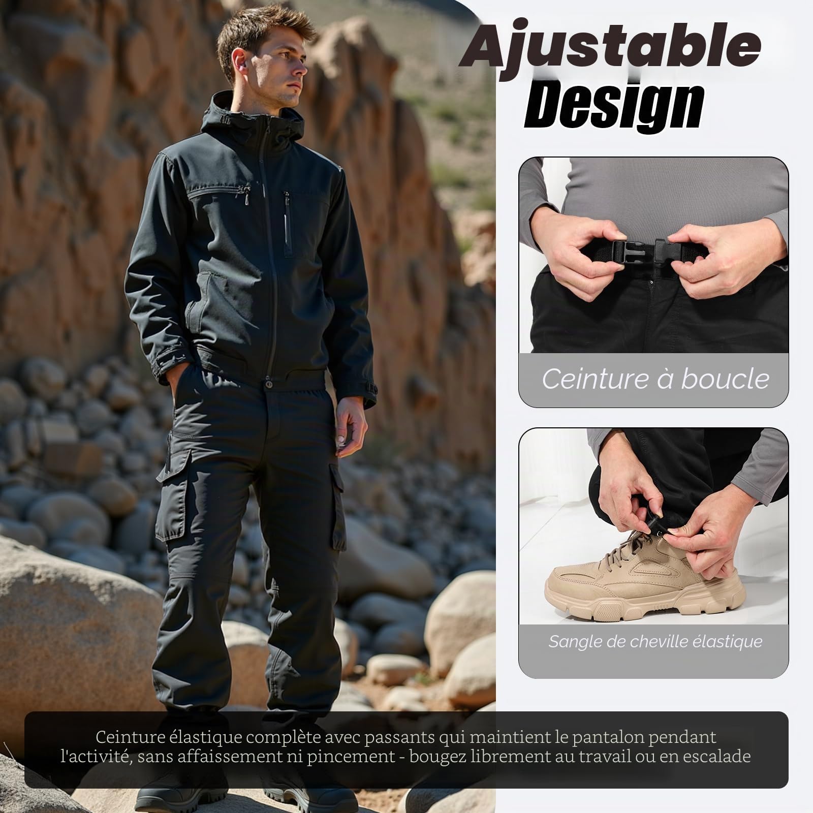 Pantalon Thermique Cargo Doublé de Polaire pour Hommes, Ceinture élastique Complète avec Passants de Ceinture Pantalon de Travail pour la Randonnée Camping en Plein air Hiver