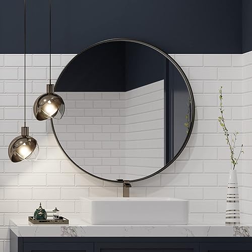 Miniatura 1 de ISKM Espejo redondo negro para pared espejo circular negro con marco de metal espejo redondo montado en la pared redondo de 30 pulgadas