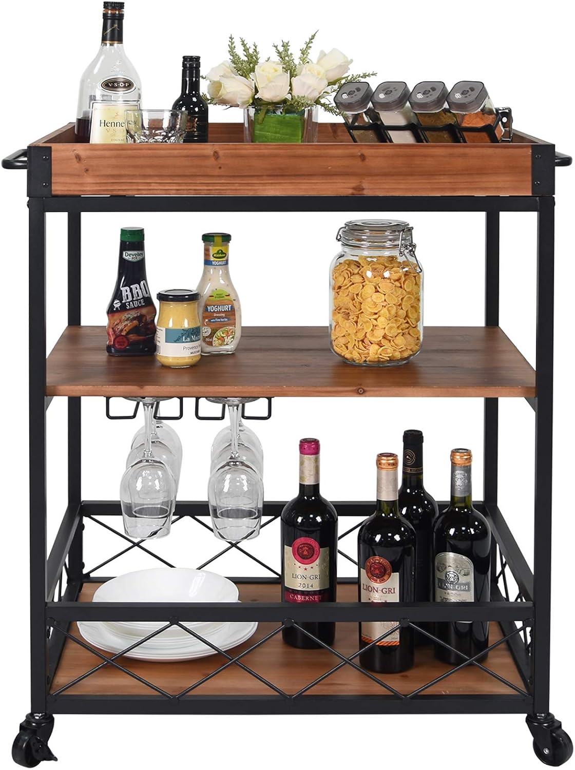 CharaVector Solid Wood Bar Serving Cart, Rolling Kitchen Storage Cart for the Home with Wine Glass Rack and Lockable Caster, Rustic Brown - Bar & Serving Carts