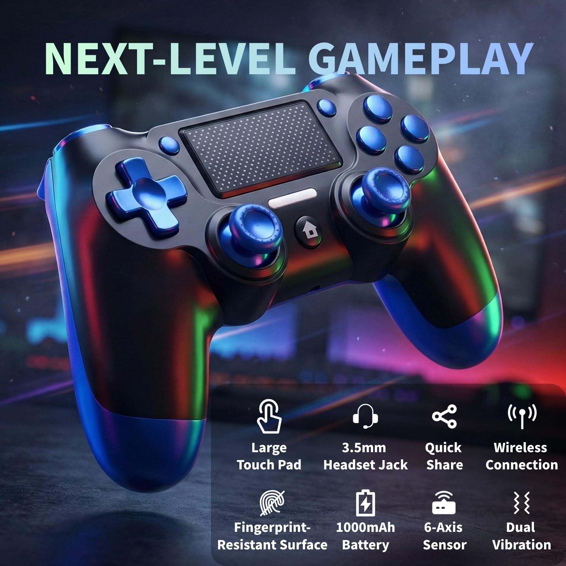 BJXOZ Wireless Controller für PS4, Controller mit USB-C, Vibration, Audiobuchse, 6-Achsen Gyro Sensor, Touchpanel, Screenshot, Gamepad für PS4/Pro/Slim/PC - 5