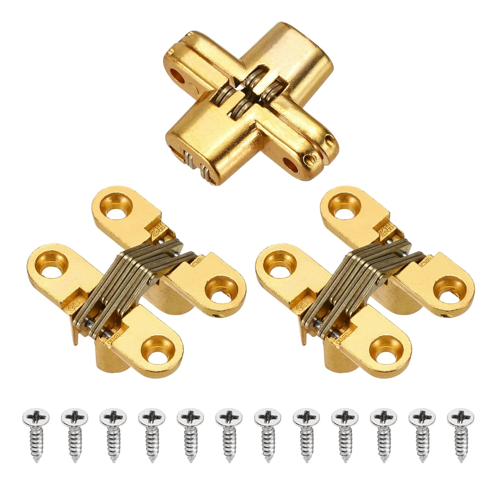 sourcing map 3Pcs Hidden Cabinet Door Hinges, 1.65" x 0.49" 180 Degree Cross Concealed Hinge for Wooden Box Invisible Door, Gold