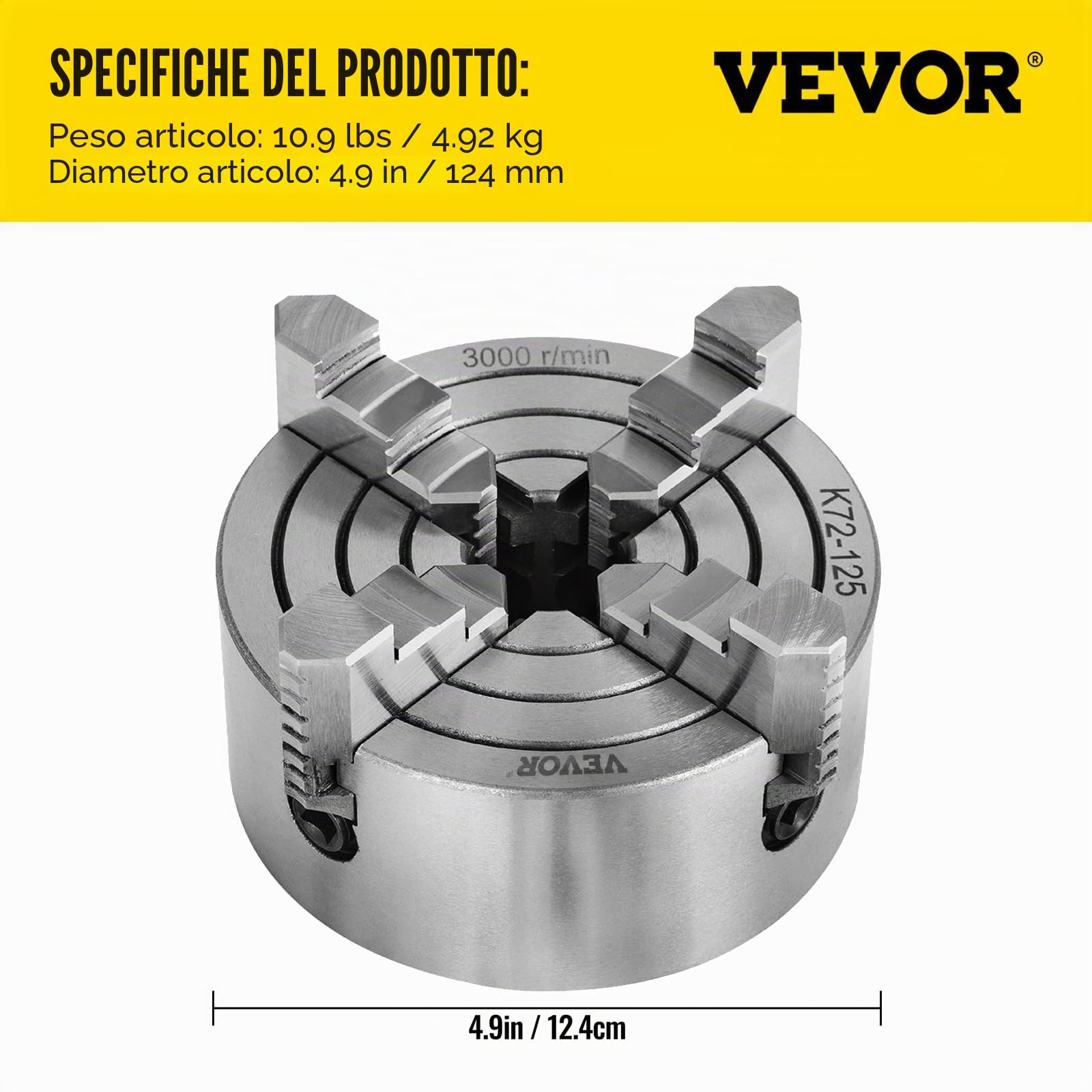 Mophorn Mandrino per Tornio Indipendente a 4 Griffe K72-125 - 5 Pollici 125 mm - Mandibola Reversibile per Metallo - Accessori per Macchina