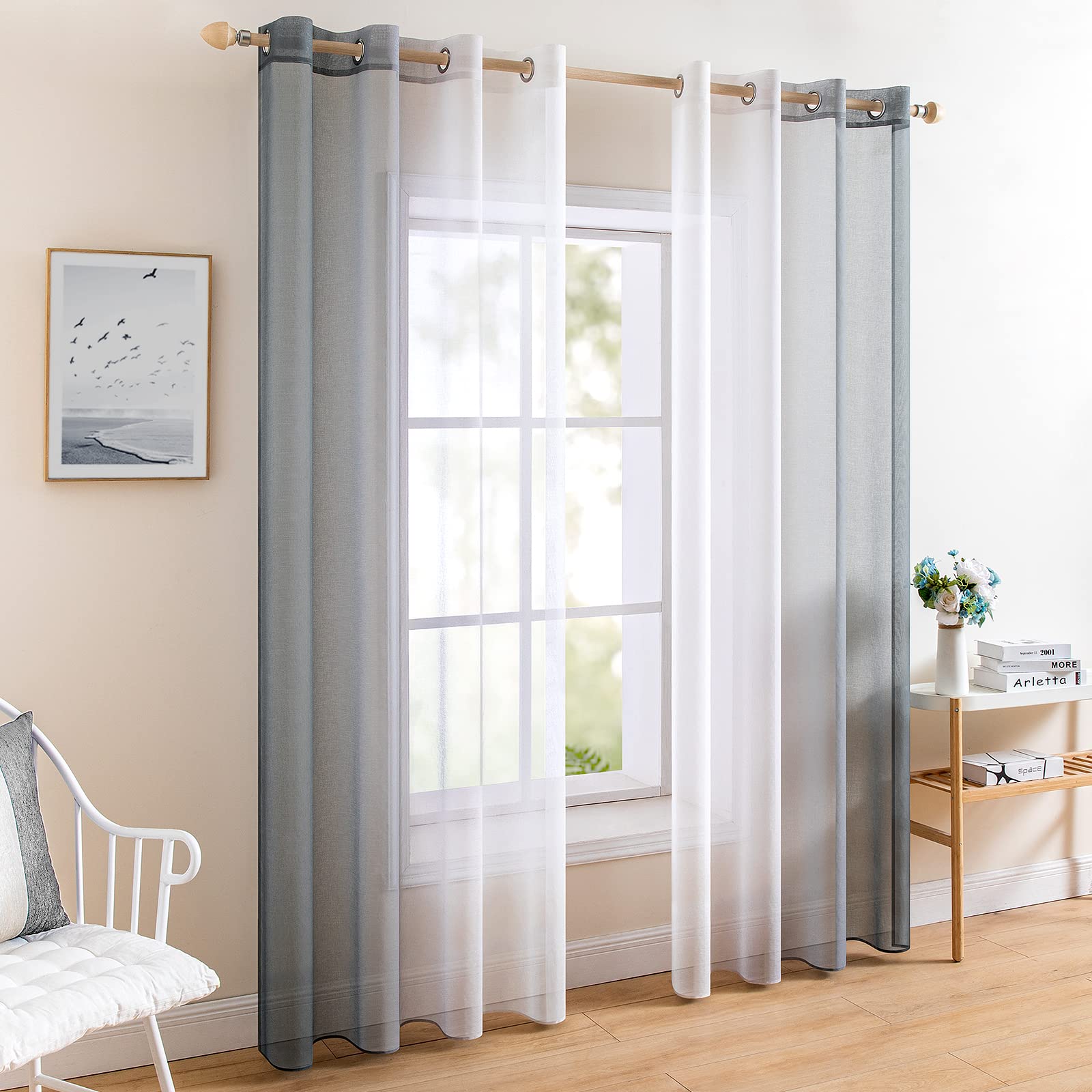 MIULEE 2er Set Voile Vorhang Zweifarbiger Vorhang mit Ösen Transparente Gardine Ösenschal Fensterschal Lichtdurchlässig für Schlafzimmer, 140x245cm, Grau