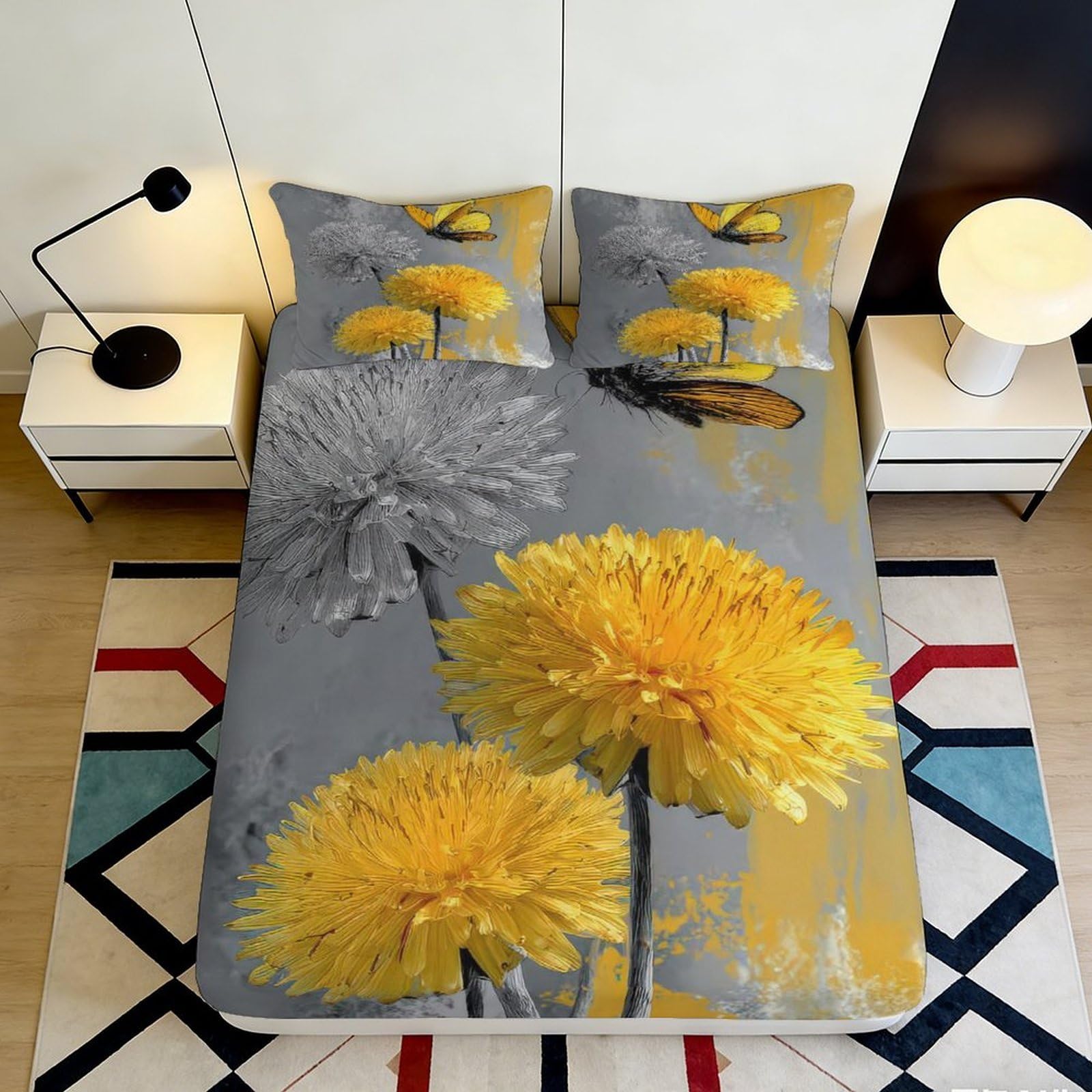 3D Printed Yellow Dandelion Fitted Sheet Microfiber Soft Bedroom Decor Grey Butterfly Mattress Cover for Home Dorm 90x200x25cm