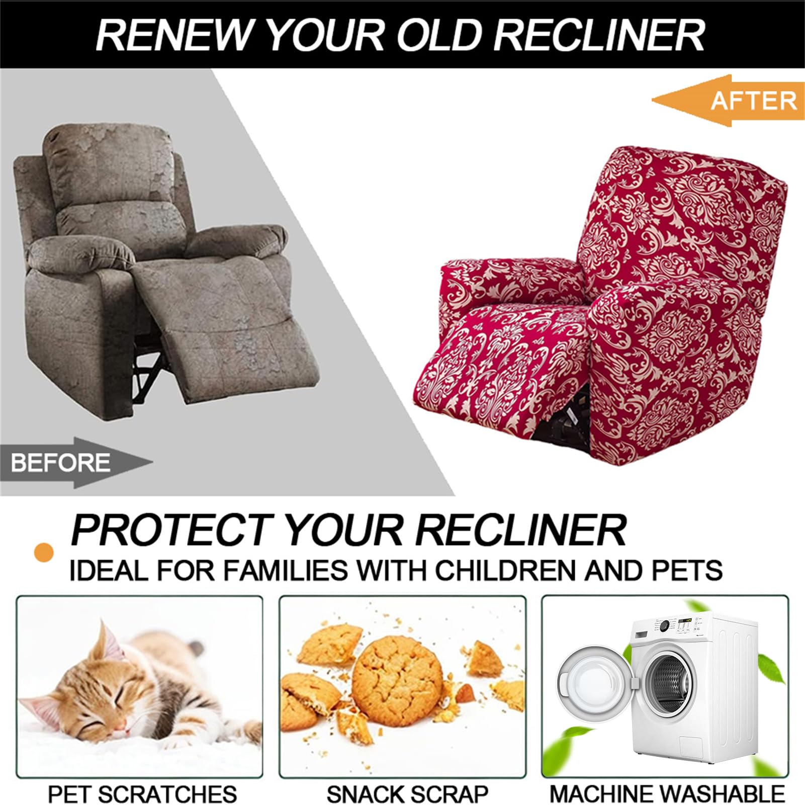 Housses de Fauteuil Relax Inclinable avec Poches, 4 Pièce Housses Extensibles Imprimées pour Chaise Inclinables, Protecteur de Meubles Antidérapant (A15)