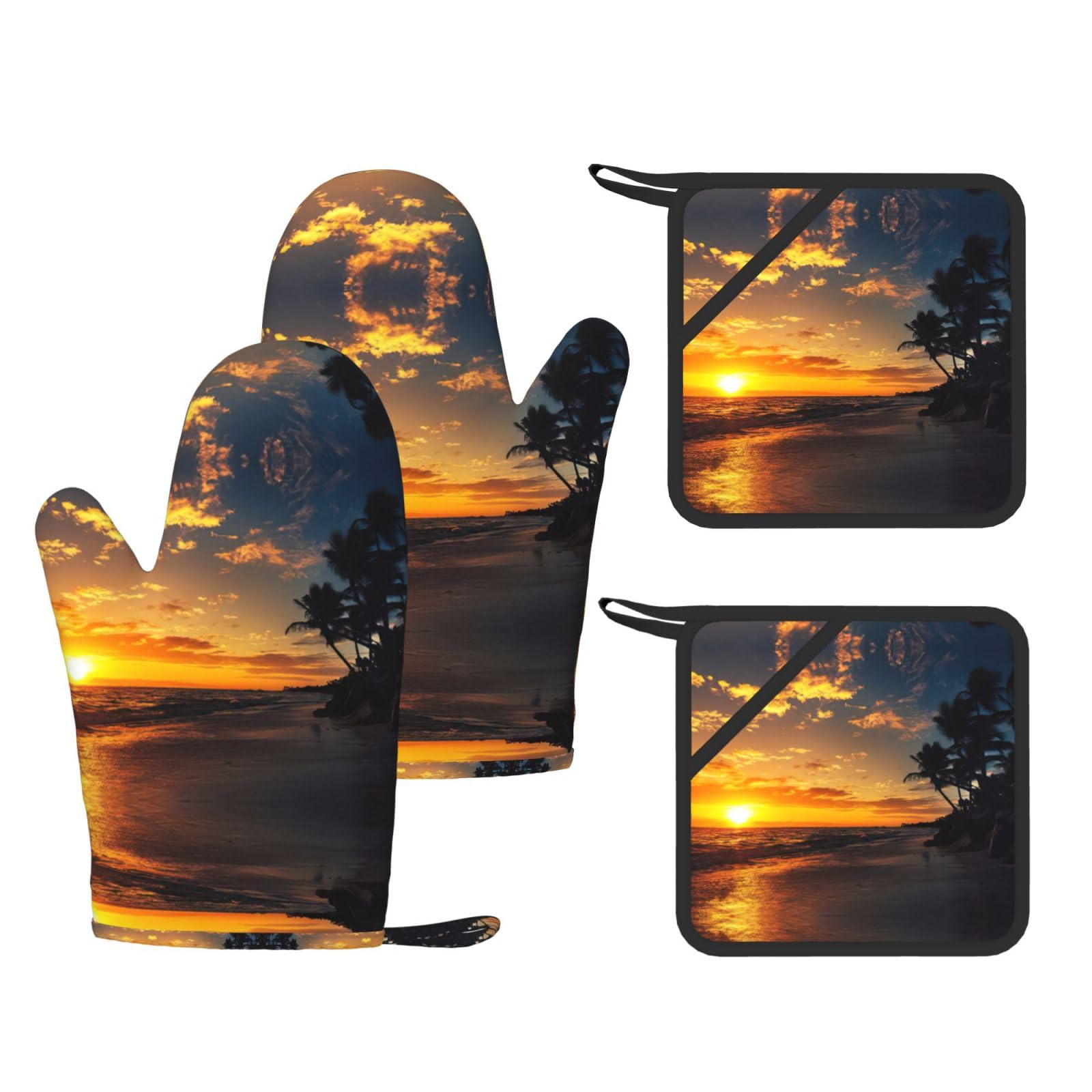 Sunset Ocean Beach Printed Oven Mitts and Pot Holders Set of 4, Heat Resistant Silicone Gloves for Baking Grilling