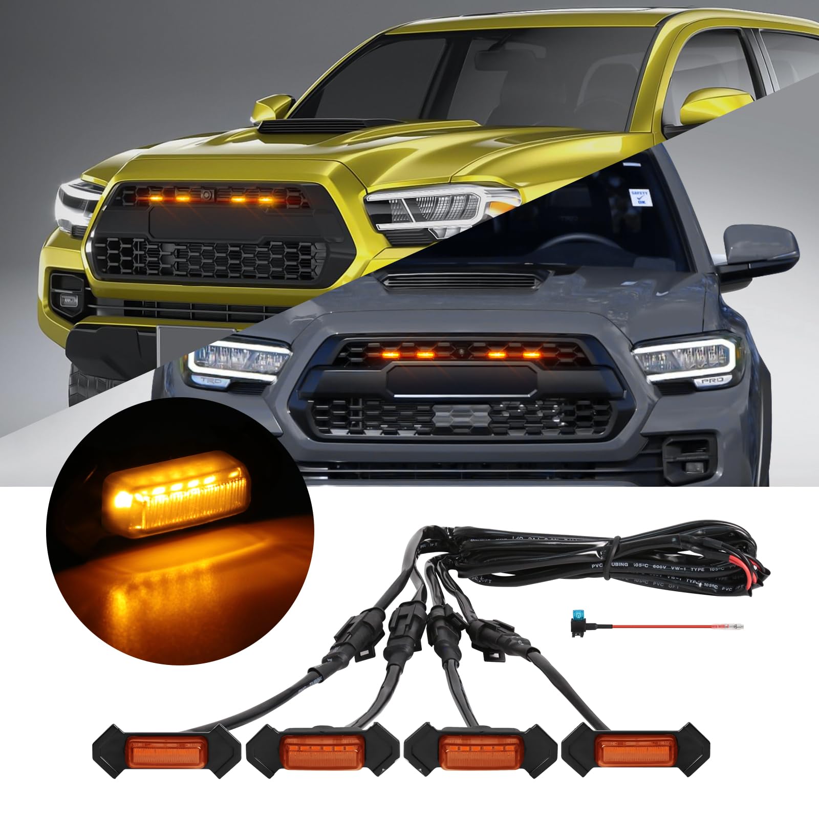 FICOLPO 4 Pcs Tacoma Grill Lights Compatible with Toyota Tacoma 2016-2023 TRD Pro, OEM Style Tacoma LED Front Grille Lights Accessories with Fuse & Harness (Amber)