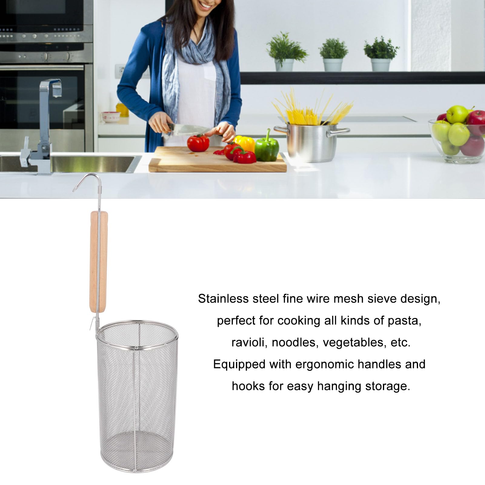 Cestello Per Colino Per Pasta, Colino Per Noodle a Maglia Fine con Manico in Legno in Acciaio Inossidabile Per Ramen da Cucina del Ristorante