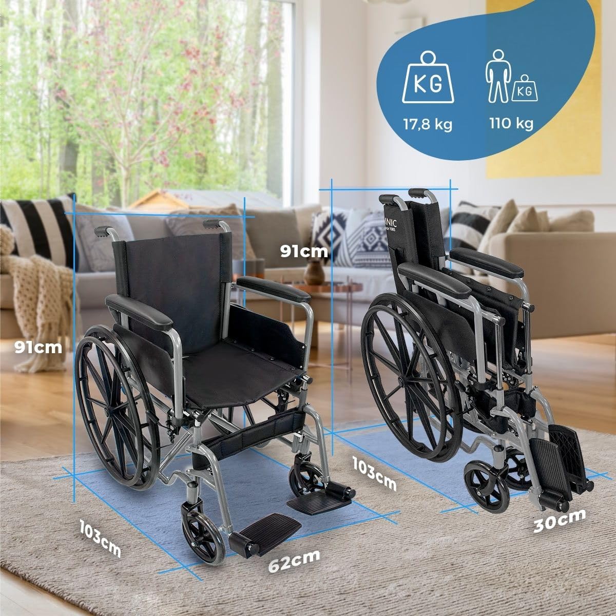 Mobiclinic®, Składany wózek inwalidzki, Marsella, Kółka z możliwością szybkiego zwolnienia po naciśęciu przycisku, Stabilny, Siedzisko 46 cm, Dźwignia hamulca, Srebrny